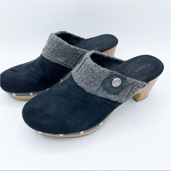 Style & Co Wooden‎ Heeled Black Suede Clog with Knitted Trim and Silver Tag - Picture 2 of 13